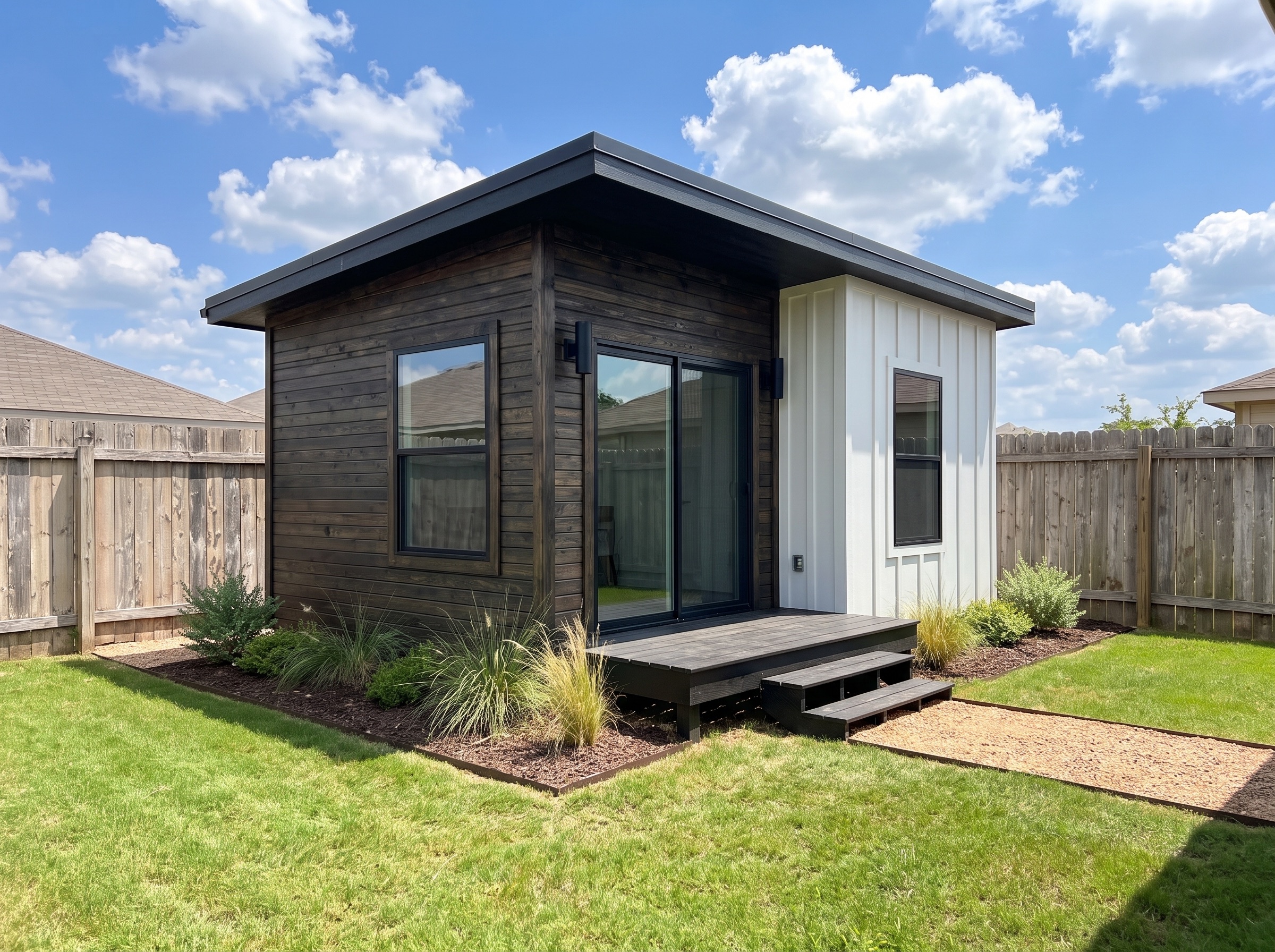 Modern detached ADU in a landscaped backyard